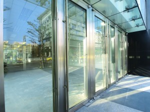 Transparent door of modern building
